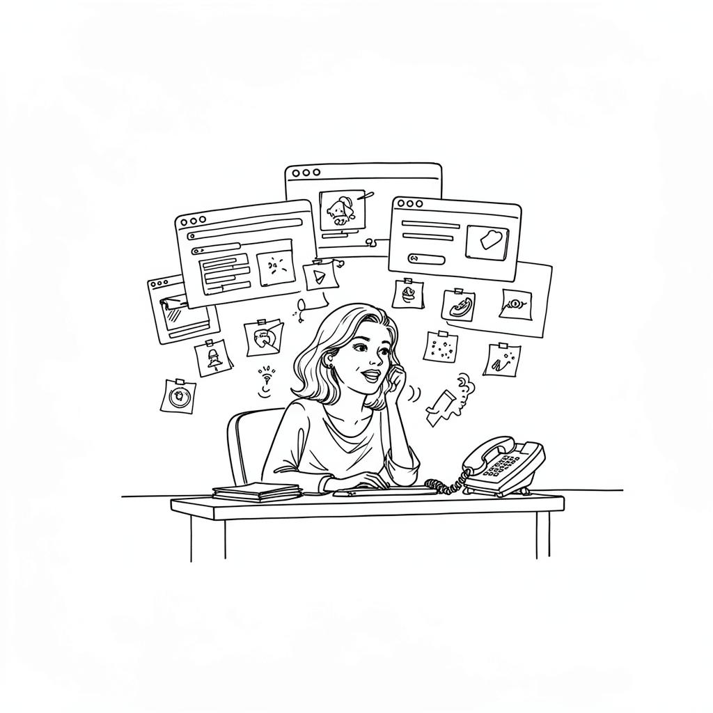 Founder surrounded by tabs, papers, and phones